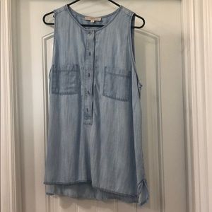 Light Wash Sleeveless Denim Half Button Down Top